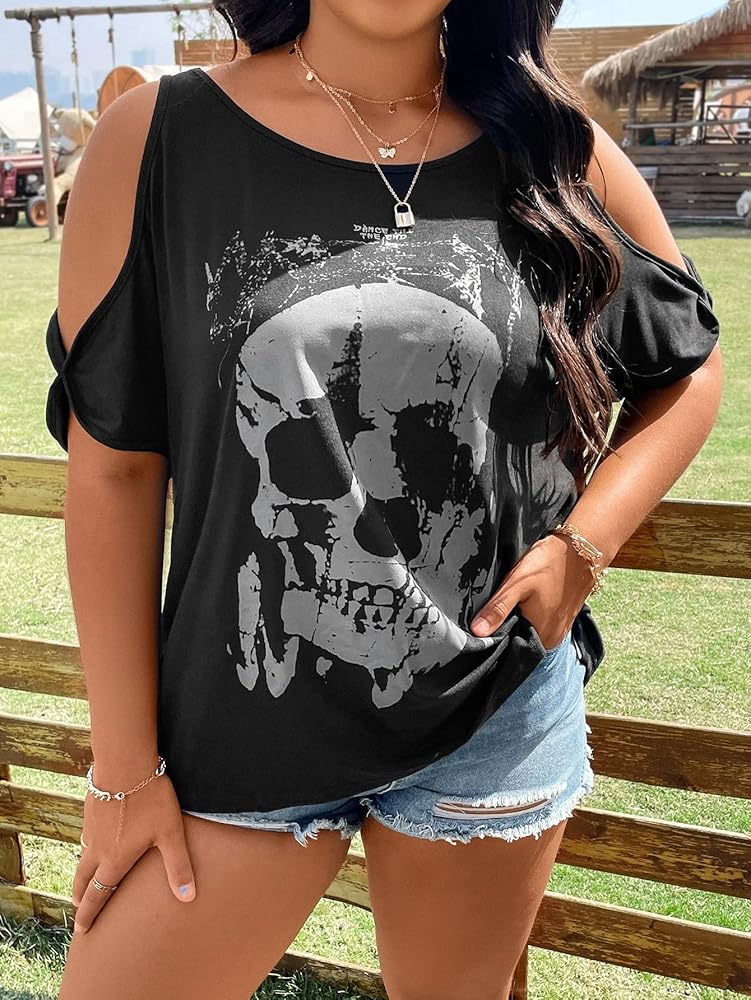 トップス Skull49 SOLY HUX Women's Plus Size Graphic Tees Skull Print Cold Shoulder